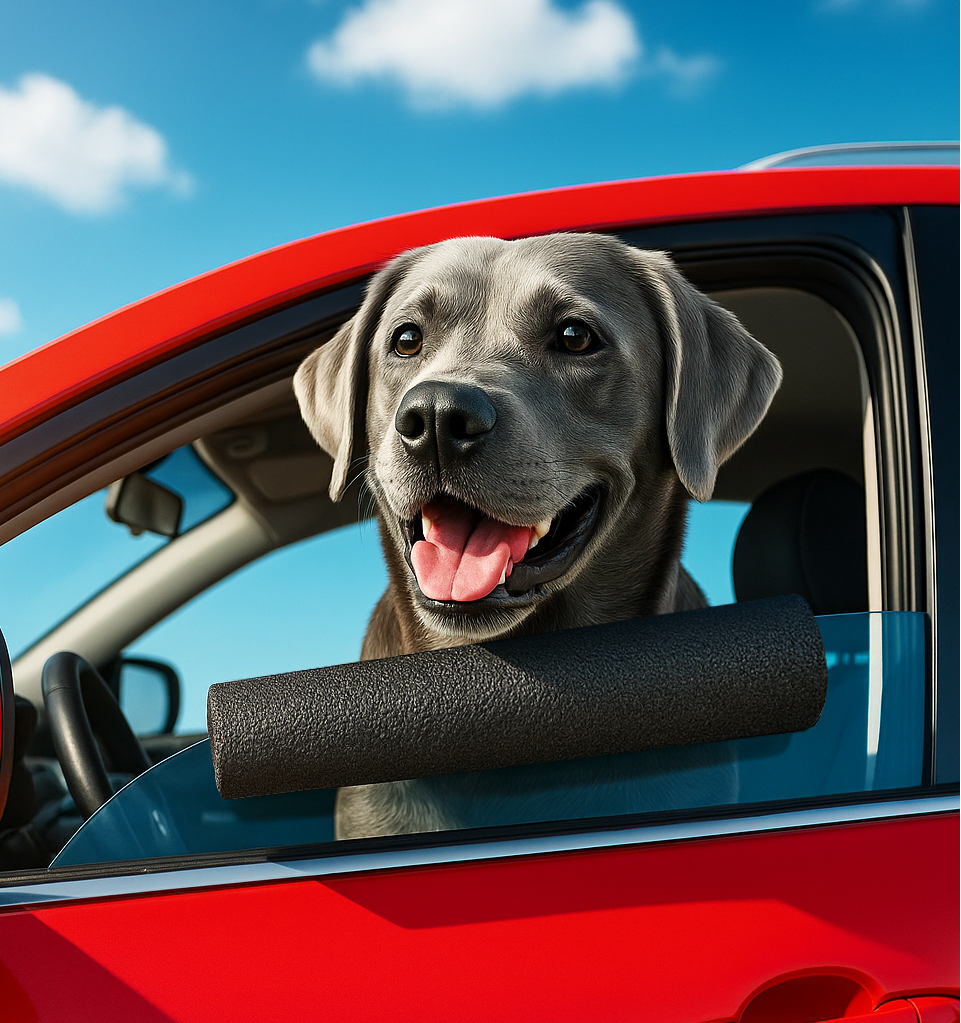 Dog with its head out of a car window on a sunny day